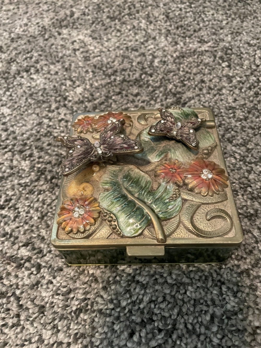 Source Unknown Floral Butterfly Embellished Trinket Box - Gold, Green, Pink